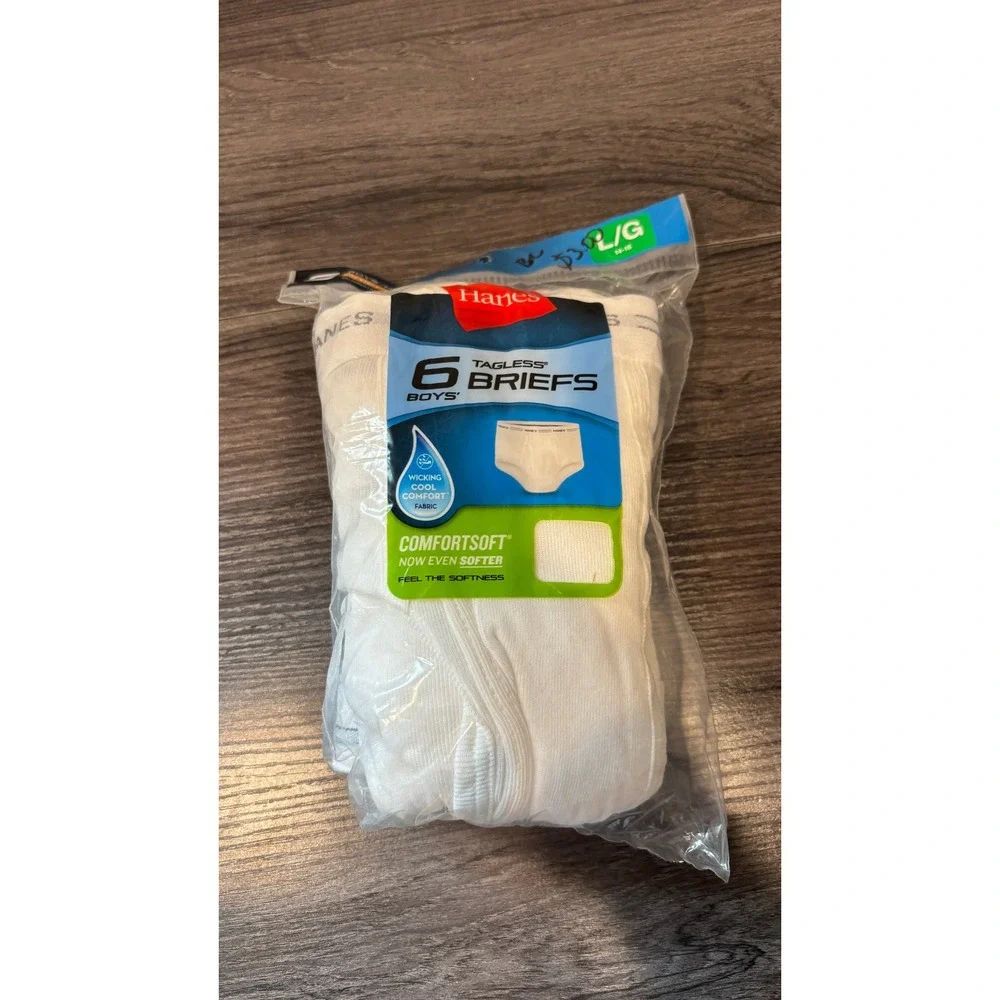 Hanes Boys 6 Pack Tagless Briefs White ComfortSoft Cotton Size Large 14-16